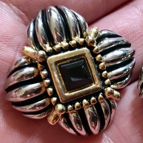 Vintage Retro 80's Designer Clip-On Earrings Silver Gold Gemstone Women's Chunky - Picture 3 of 12